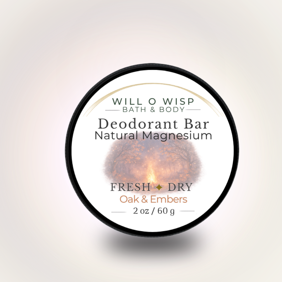 WILL O WISP BATH & BODY Oak & Embers natural magnesium deodorant bar in a round container with a campfire illustration.