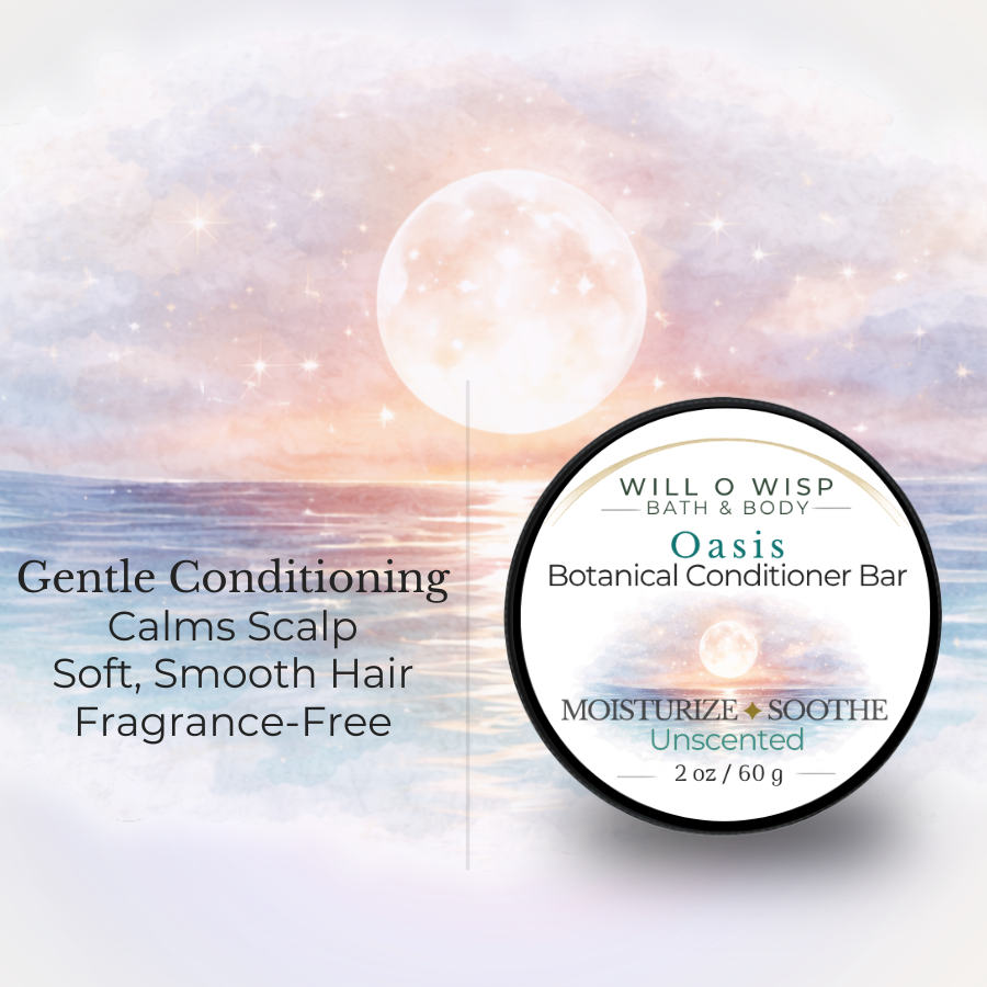 WILL O WISP BATH & BODY Oasis Botanical Conditioner Bar, a fragrance-free, soothing hair care product for scalp health