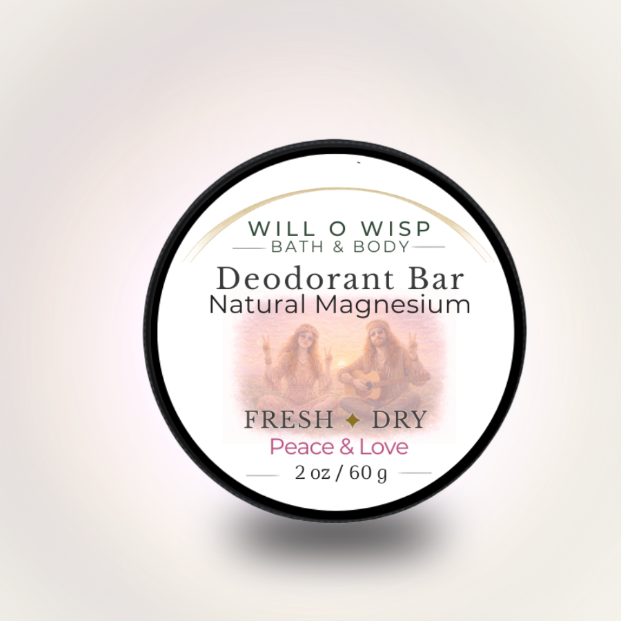 WILL O WISP BATH & BODY Peace & Love natural magnesium deodorant bar in a round container with a bohemian label design.