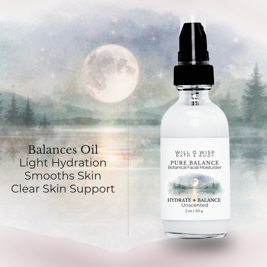 WILL O WISP BATH & BODY Pure Balance facial moisturizer in a glass pump bottle against a moonlit landscape background.