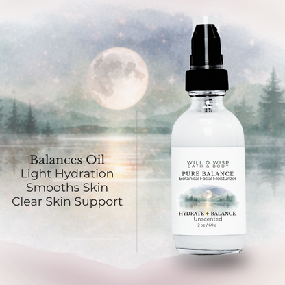 WILL O WISP BATH & BODY Pure Balance facial moisturizer in a glass pump bottle against a moonlit landscape background.
