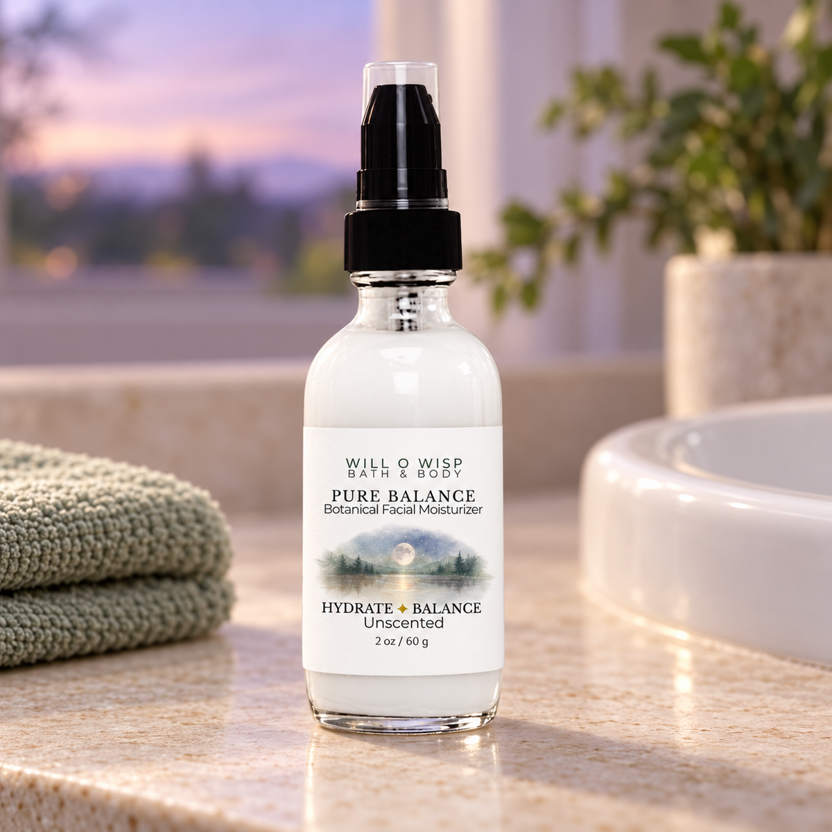 WILL O WISP BATH & BODY Pure Balance facial moisturizer in a clear pump bottle on a bathroom counter with a green towel.
