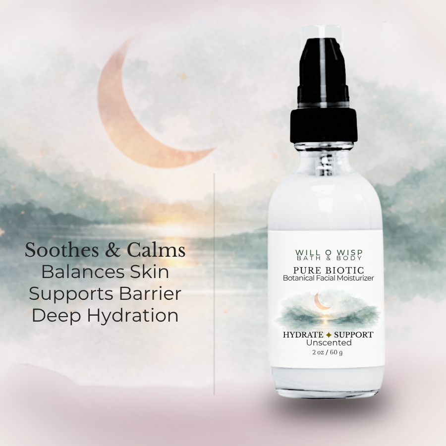 WILL O WISP BATH & BODY Pure Biotic facial moisturizer in a glass pump bottle with a moon and landscape label design.