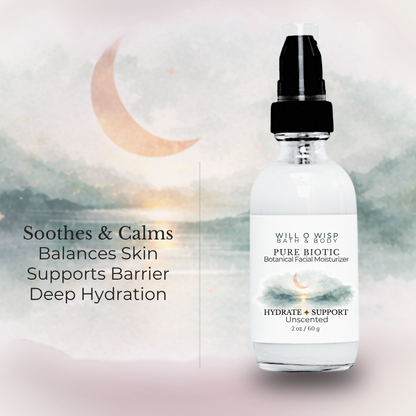 WILL O WISP BATH & BODY Pure Biotic facial moisturizer in a glass pump bottle with a moon and landscape label design.