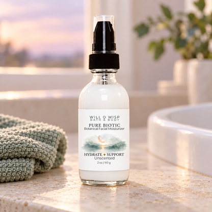 WILL O WISP BATH & BODY Pure Biotic facial moisturizer in a glass pump bottle on a bathroom counter with a green towel.