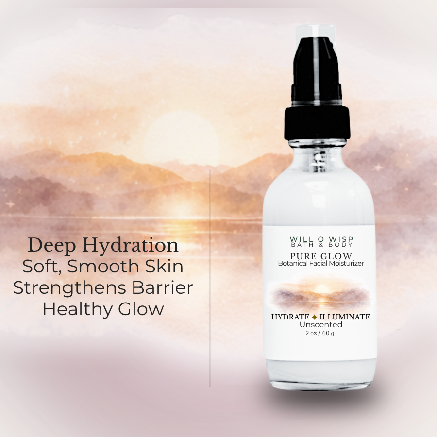 WILL O WISP BATH & BODY Pure Glow botanical facial moisturizer in a glass pump bottle against a sunset background.
