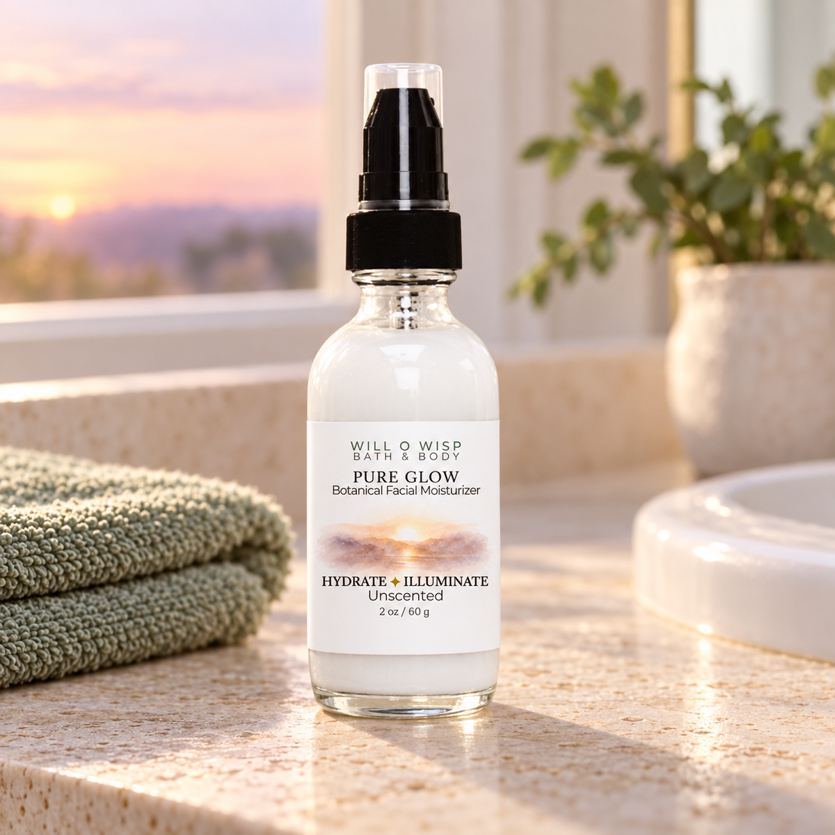 WILL O WISP BATH & BODY Pure Glow facial moisturizer in a clear glass pump bottle on a bathroom counter at sunset.