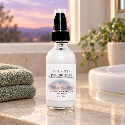 WILL O WISP BATH & BODY Pure Restore facial moisturizer in a glass pump bottle on a bathroom counter with a towel.