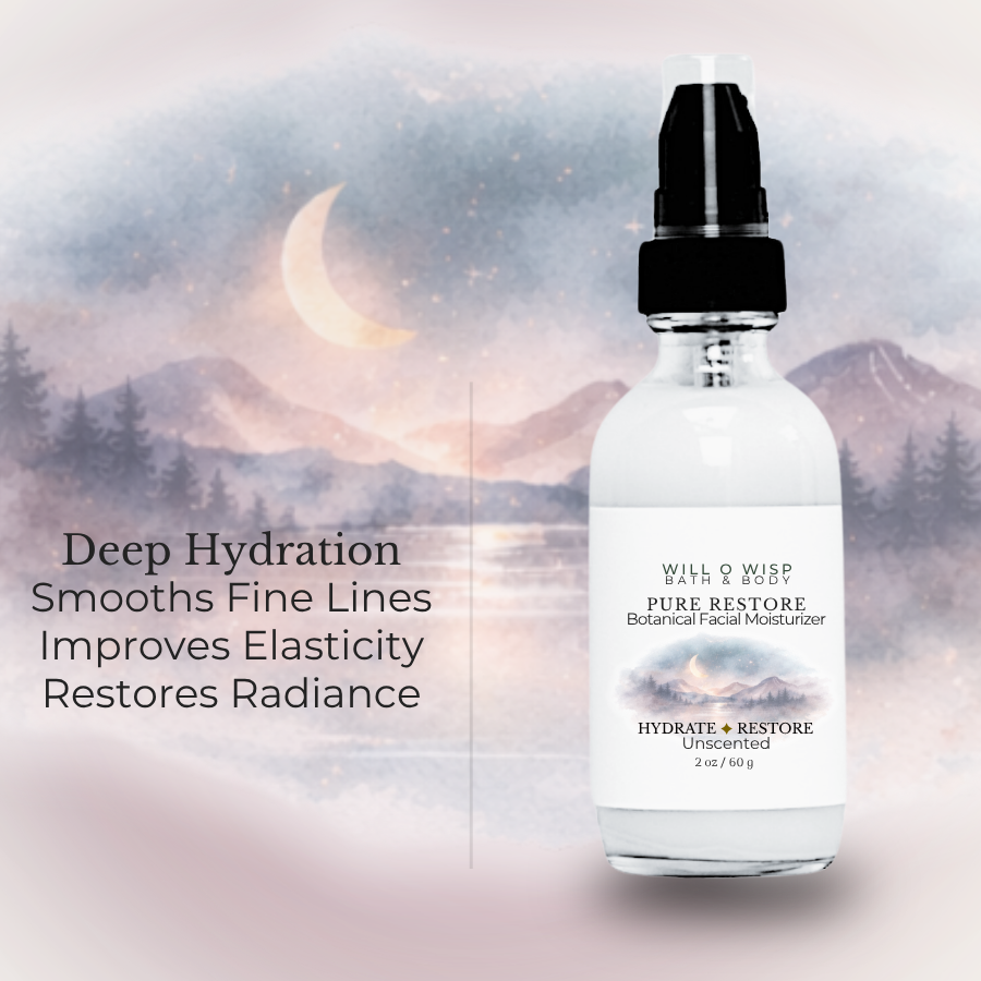 WILL O WISP BATH & BODY Pure Restore facial moisturizer in a glass pump bottle against a dreamy mountain landscape.