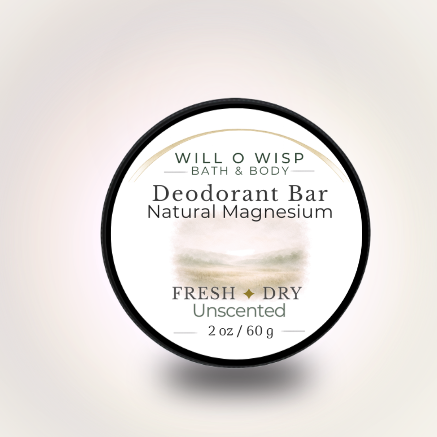 WILL O WISP BATH & BODY unscented natural magnesium deodorant bar in a round container with minimalist label design