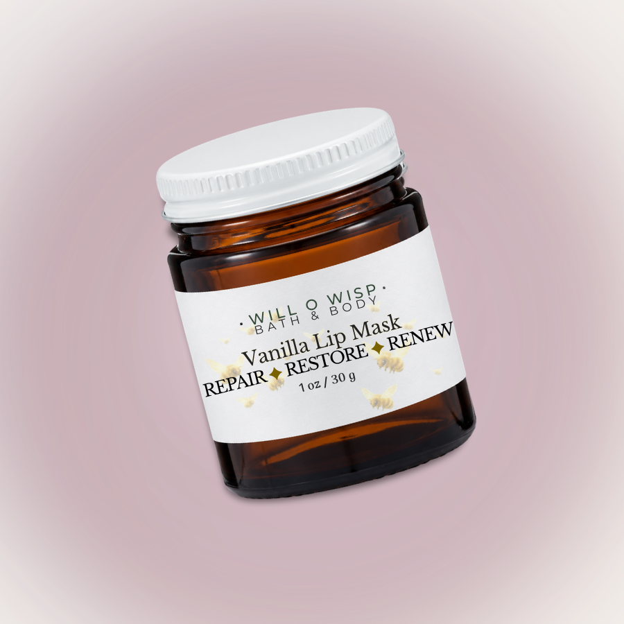 WILL O WISP BATH & BODY vanilla lip mask in a small amber glass jar with a white lid, featuring bee illustrations.
