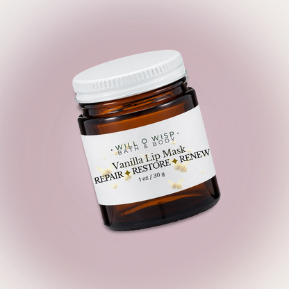 WILL O WISP BATH & BODY vanilla lip mask in a small amber glass jar with a white lid, featuring bee illustrations.